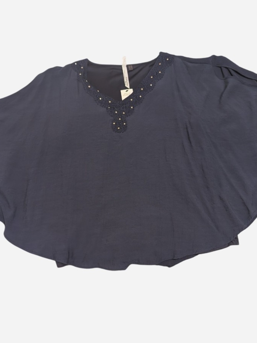 NY Collection Black V-Neck Crochet Trim Blouse - Picture 3 of 7
